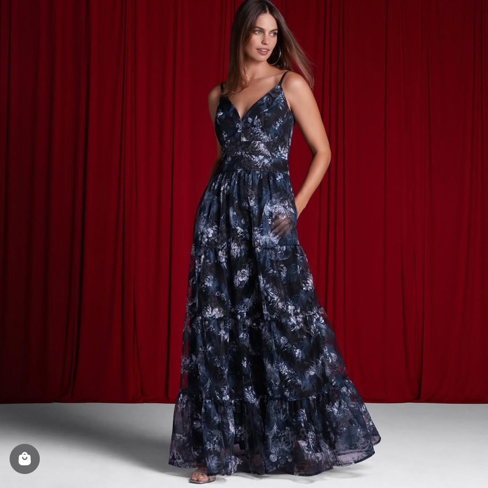 Johnny Was Navy & White Floral Tiered Maxi Dress